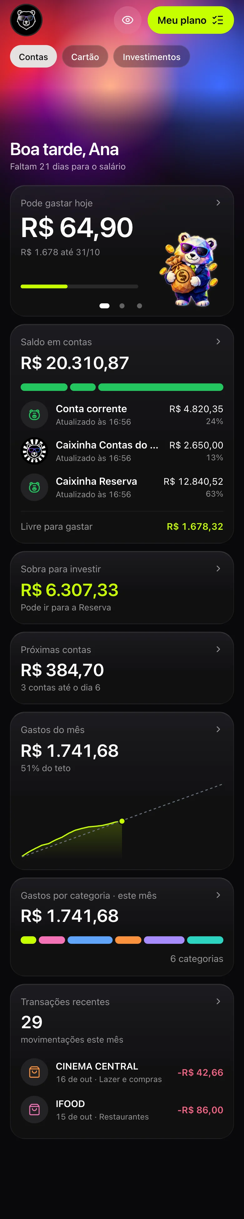 Tela inicial do Ted Finance com números fictícios: pode gastar hoje, saldo, próximas contas e gastos do mês